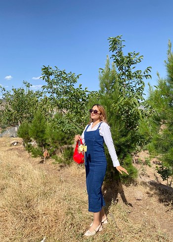 Kadın Mavi Denim Midi Salopet