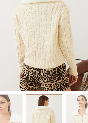 Bianco Lucci Kürklü Saç Örgülü Bej Kazak - Görsel 3