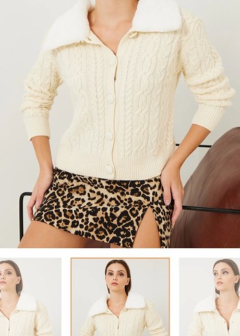 Bianco Lucci Kürklü Saç Örgülü Bej Kazak - Görsel 5