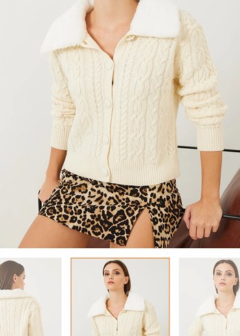 Bianco Lucci Kürklü Saç Örgülü Bej Kazak - Görsel 4