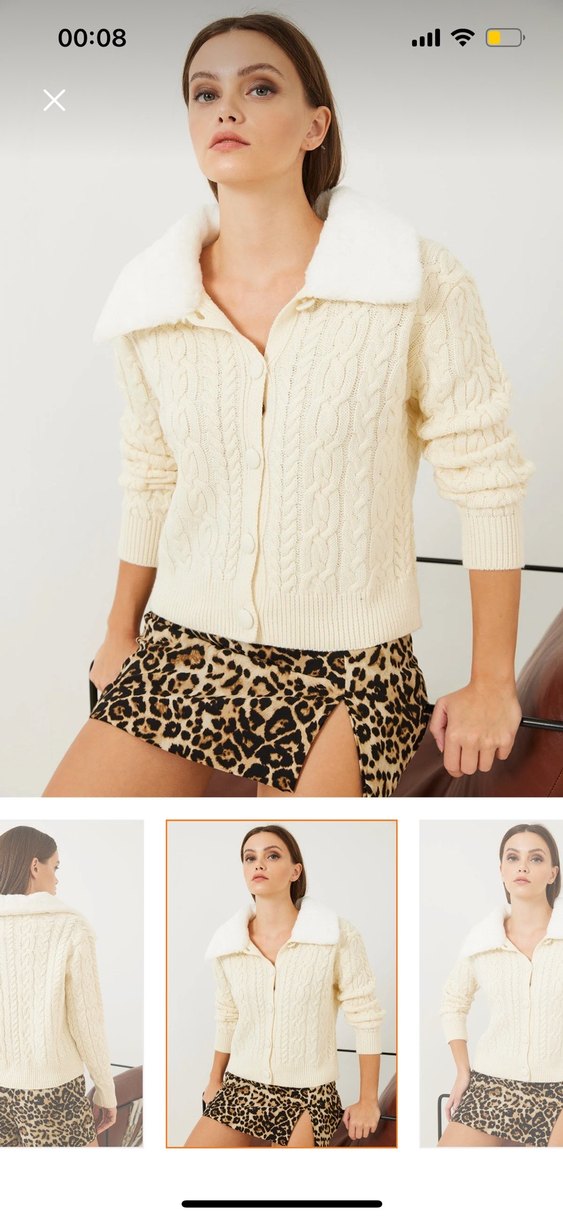 Bianco Lucci Kürklü Saç Örgülü Bej Kazak - Görsel 4