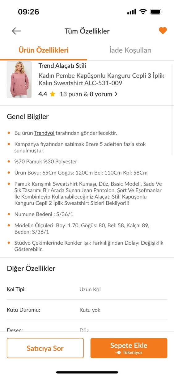 HAPPINESS Sıcacık Tutan S ve M Beden mevcut Kapüşonlu Sweatshirt - Görsel 5