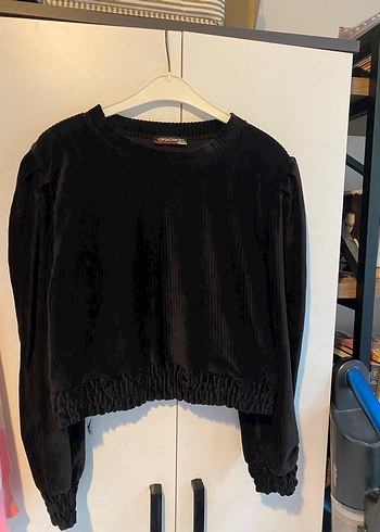s Beden siyah Renk Kadın Siyah Piliseli Kadife Sweatshirt