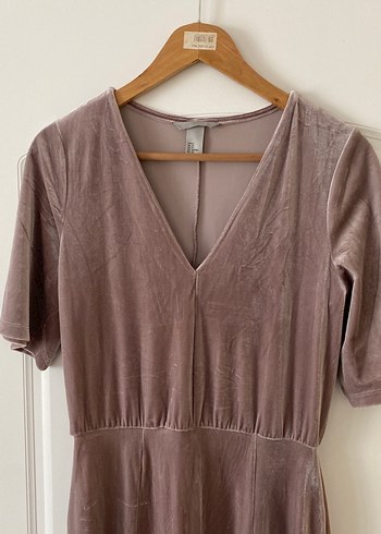 H&M Bej V Yaka Süet Midi Elbise