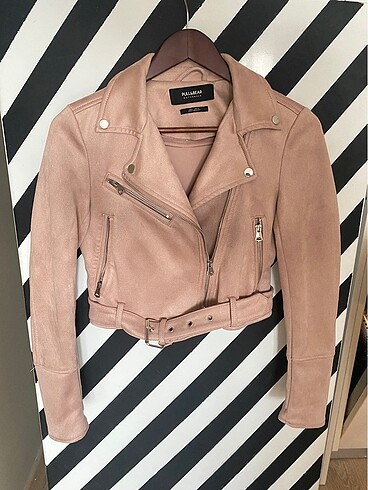 Toz pembe süet biker ceket