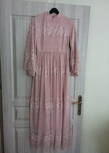Dantel Detaylı Pembe Uzun Bohem Elbise