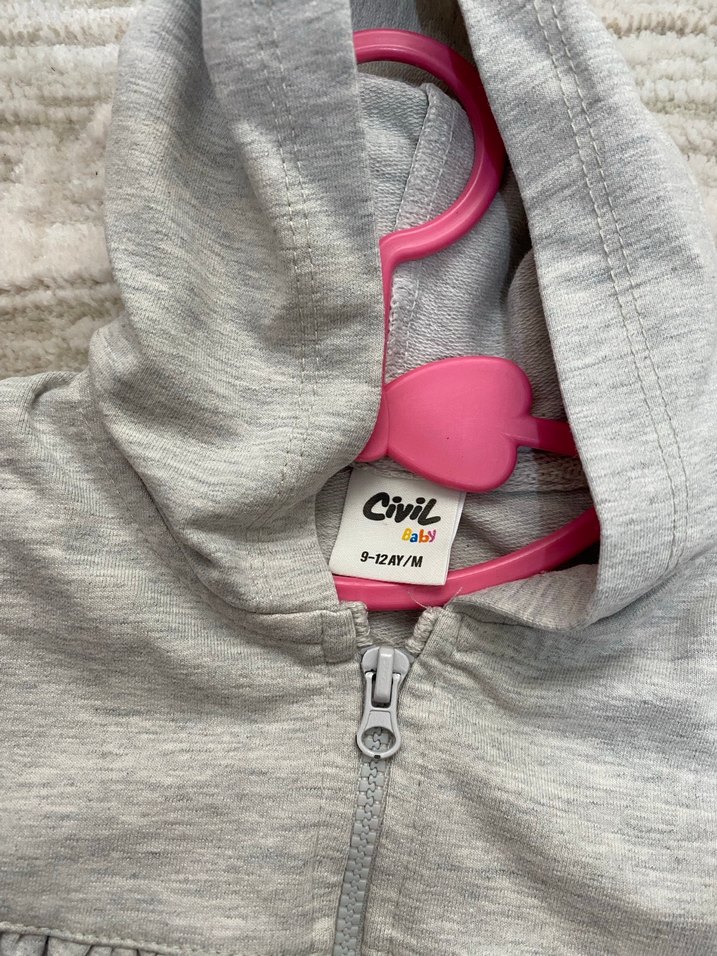 Kız Çocuk Kapüşonlu Gri Fermuarlı Yelek - Görsel 4