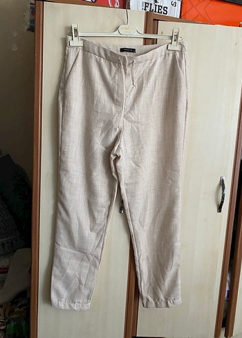 Bej Keten Kumaşlı Kadın Pantolon