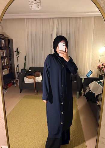 Düğmeli Lacivert Uzun Kadın kap - Görsel 3