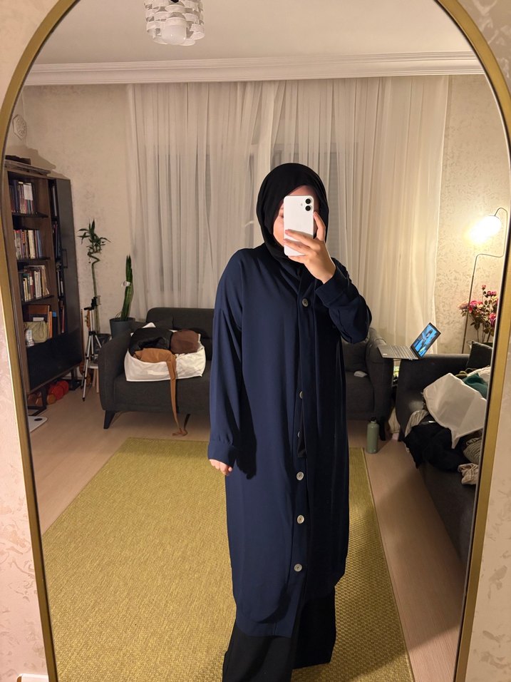 Düğmeli Lacivert Uzun Kadın kap - Görsel 3