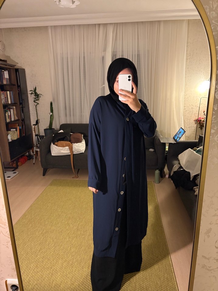 Düğmeli Lacivert Uzun Kadın kap - Görsel 2