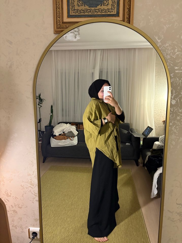 Kadın Haki Midi Keten Salaş Kimono - Görsel 4