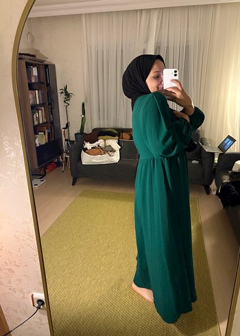 Uzun Kollu Yeşil Salaş Kadın Elbise - Görsel 2