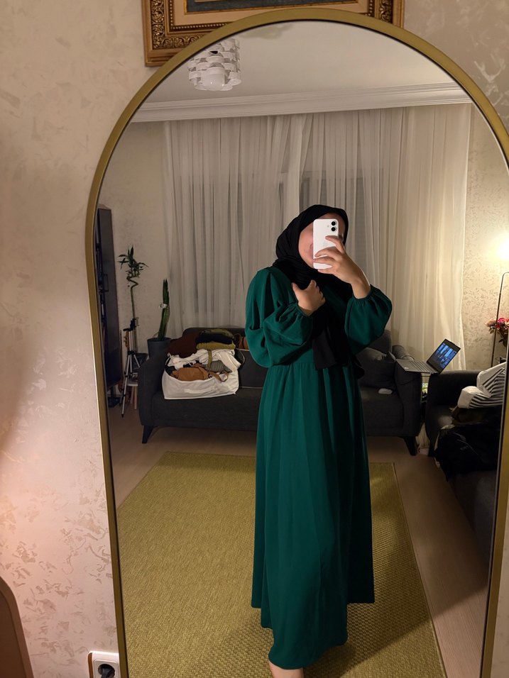 Uzun Kollu Yeşil Salaş Kadın Elbise - Görsel 3