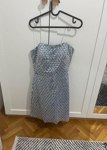 Gri Straplez Midi Payetli Abiye Elbise