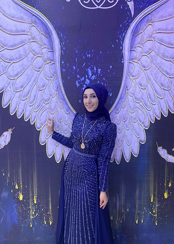Boncuk İşlemeli Uzun Kollu Lacivert Abiye Elbise