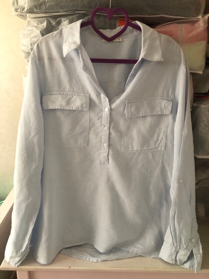 Düğmeli Uzun Kollu Keten Gömlek - Görsel 3