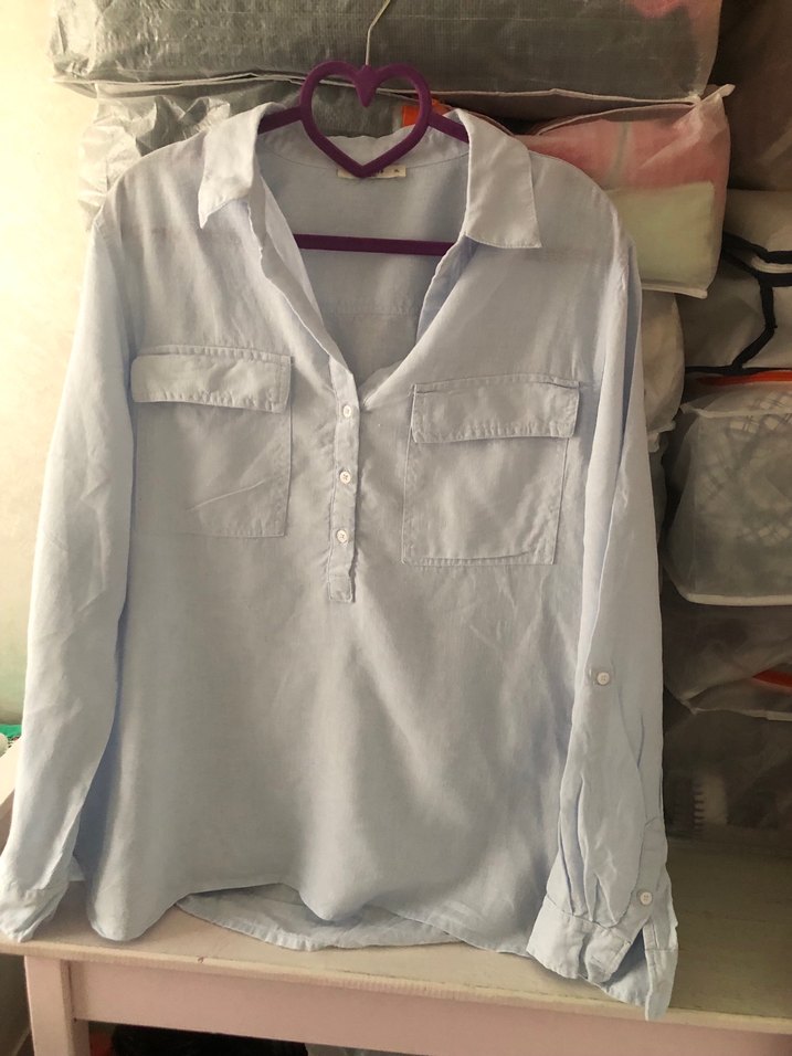 Düğmeli Uzun Kollu Keten Gömlek - Görsel 2