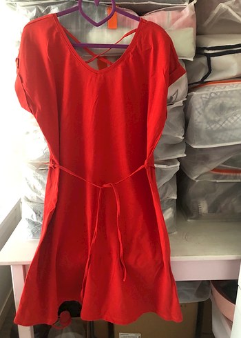 Kırmızı V Yaka penye elbise - Görsel 3