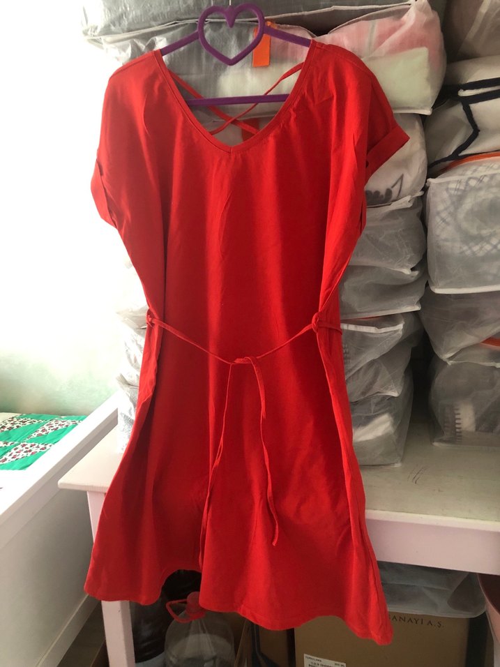 Kırmızı V Yaka penye elbise - Görsel 2