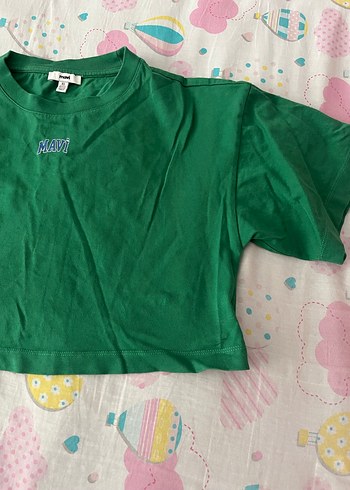 Mavi Yeşil Kısa Kollu Crop Tişört
