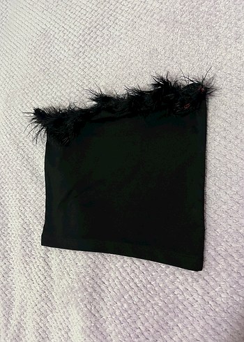 Kürk Detaylı Siyah Straplez Bustiyer - Görsel 4