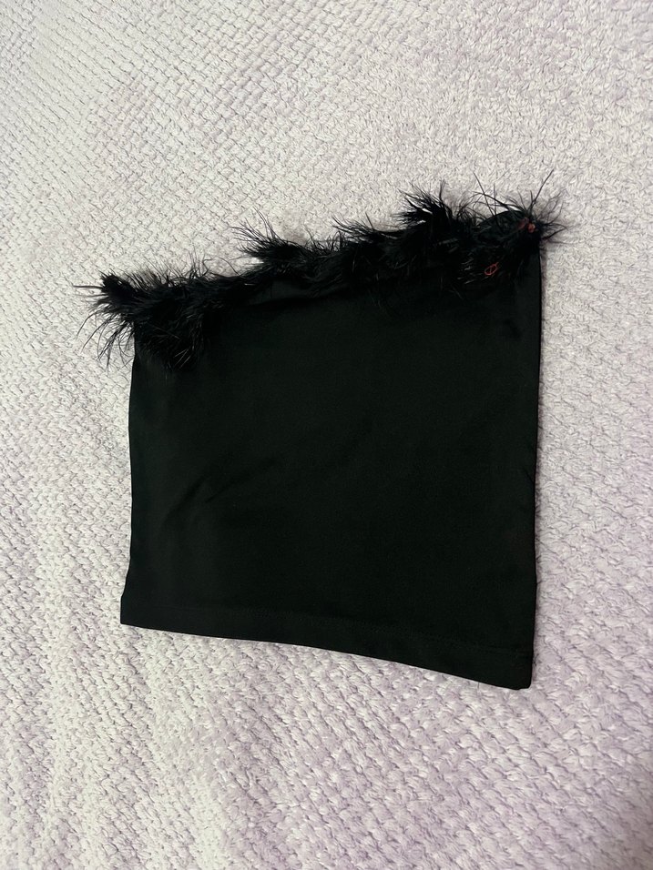 Kürk Detaylı Siyah Straplez Bustiyer - Görsel 4