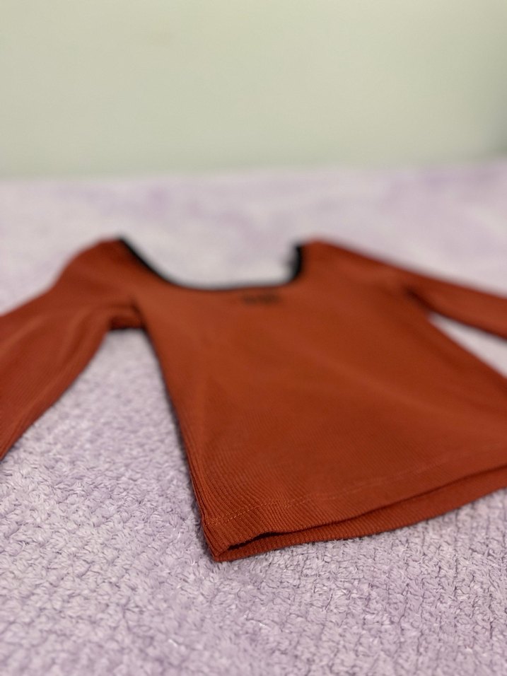 Kadın Uzun Kollu Kahverengi Basic Tişört - Görsel 4