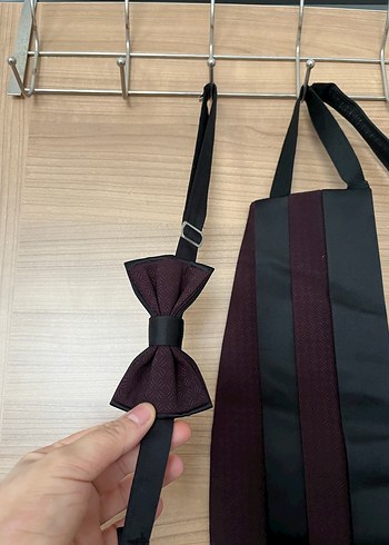 Bordo Siyah Çizgili Erkek Papyon ve bel kuşağı - Görsel 2