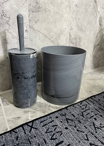 Gri Mermer Görünümlü Tuvalet Fırçası ve Çöp Kovası