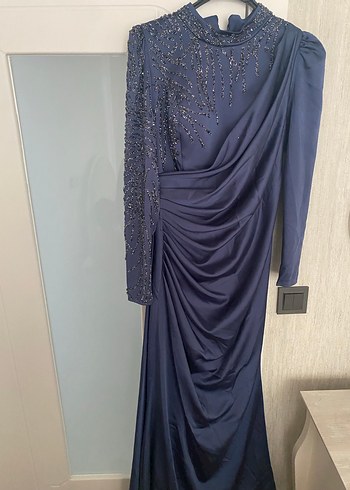 Lacivert Drapeli Uzun Abiye Elbise - Görsel 8