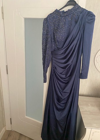 Lacivert Drapeli Uzun Abiye Elbise - Görsel 4