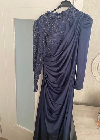 Lacivert Drapeli Uzun Abiye Elbise - Görsel 3