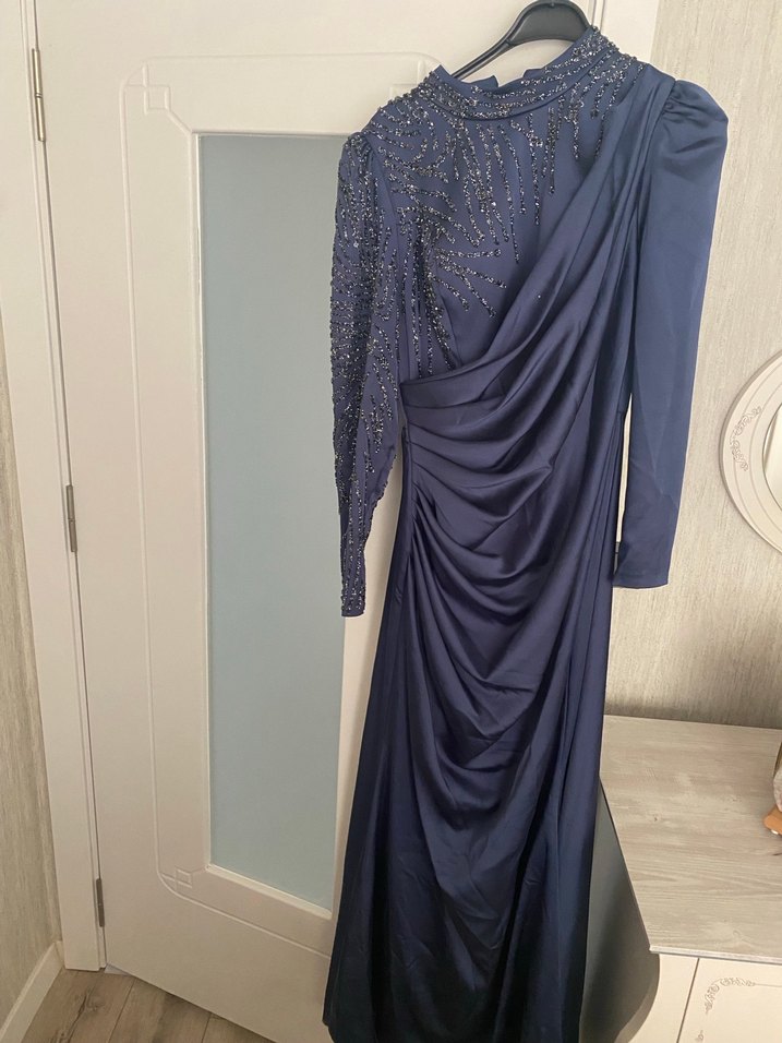 Lacivert Drapeli Uzun Abiye Elbise - Görsel 4