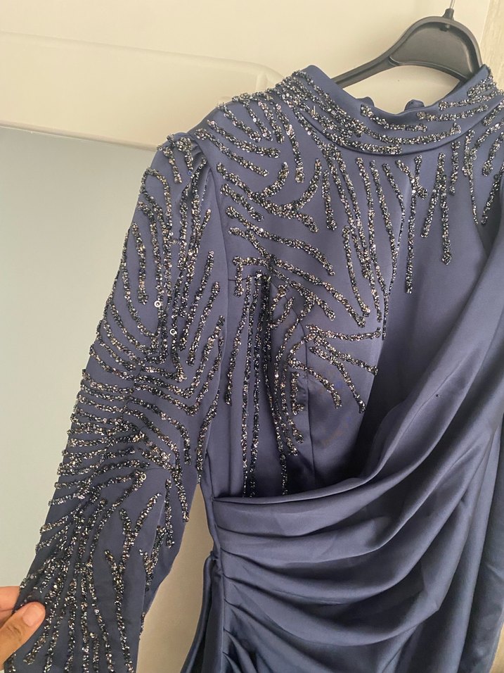 Lacivert Drapeli Uzun Abiye Elbise - Görsel 5