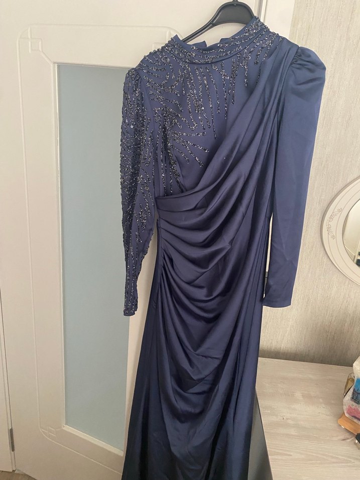 Lacivert Drapeli Uzun Abiye Elbise - Görsel 3