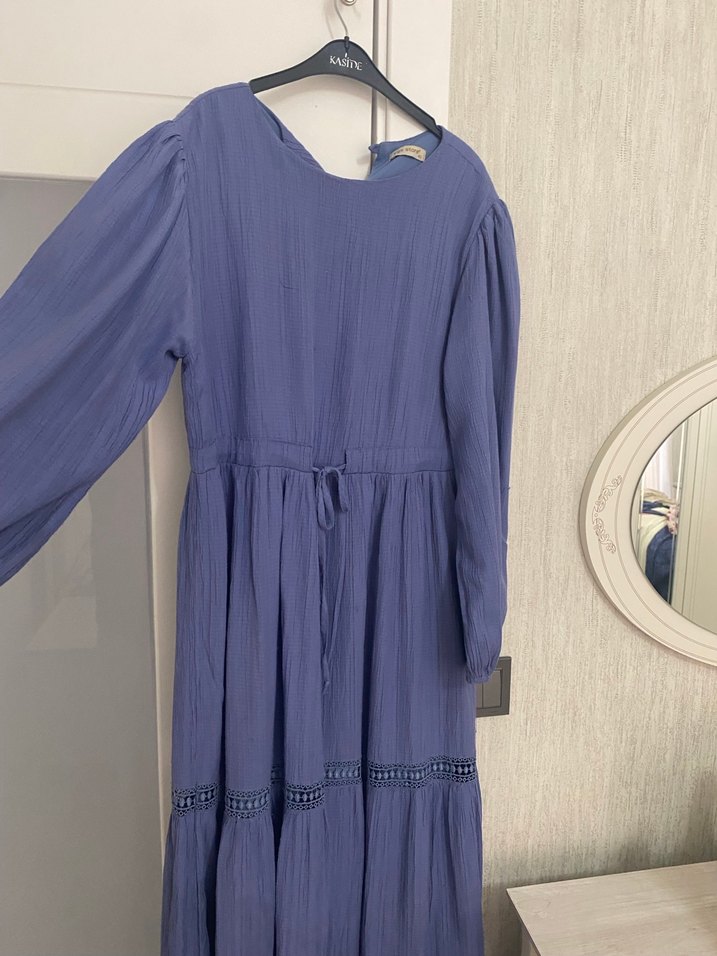 Mavi Uzun Bohem Keten Elbise - Görsel 4
