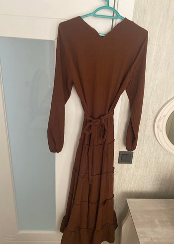Kahverengi Uzun Katlı Elbise.Kumalı kaliteli ve yazlık elbise. - Görsel 6
