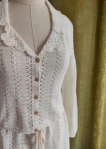 Düğmeli Beyaz Bohem Kadın Hırka - Görsel 5