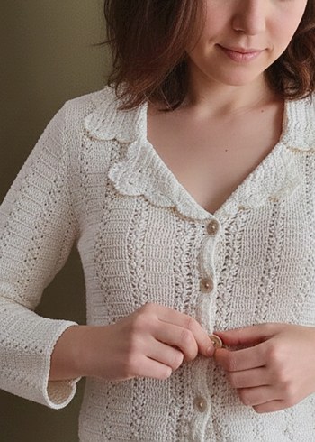 Düğmeli Beyaz Bohem Kadın Hırka - Görsel 3