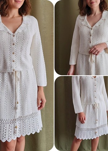 Düğmeli Beyaz Bohem Kadın Hırka - Görsel 4