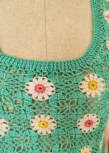 Merserize el örgüsü pamuklu kare yaka dantel üst - Görsel 5