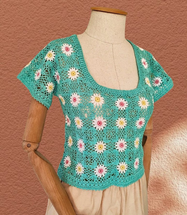 Merserize el örgüsü pamuklu kare yaka dantel üst - Görsel 2