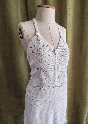 Dantel Detaylı Beyaz V Yaka Örgü Elbise - Görsel 6