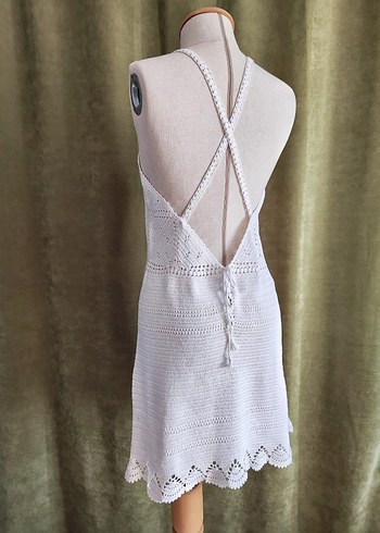 Dantel Detaylı Beyaz V Yaka Örgü Elbise - Görsel 7