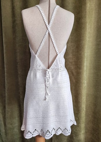 Dantel Detaylı Beyaz V Yaka Örgü Elbise - Görsel 5