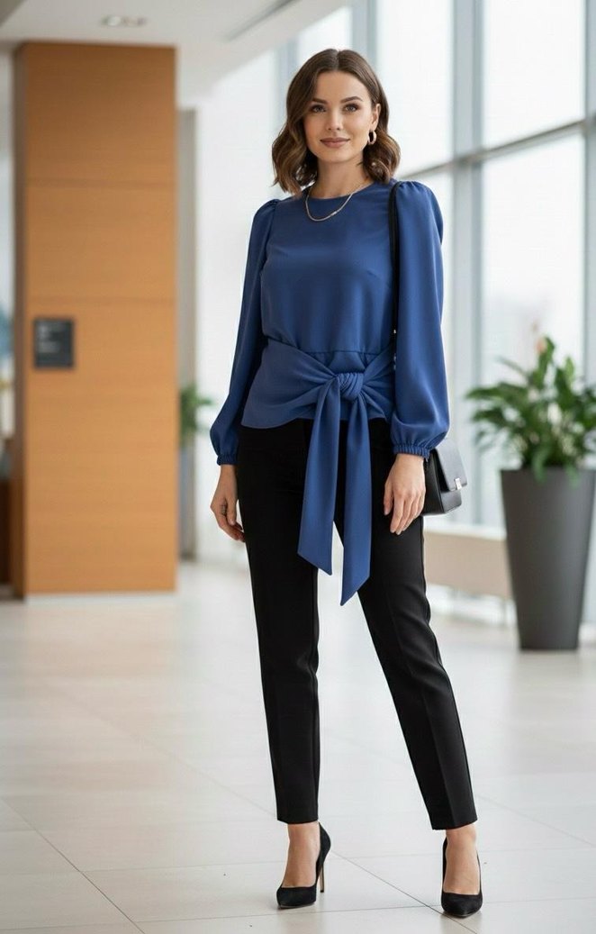 Kemer Detaylı Lacivert Ofis Bluzu - Görsel 3