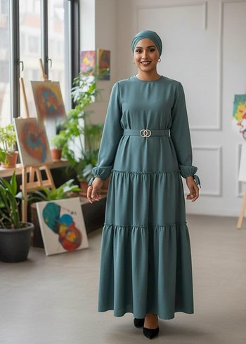 Turkuaz Uzun Kollu Kemerli Kadın Elbise - Görsel 2