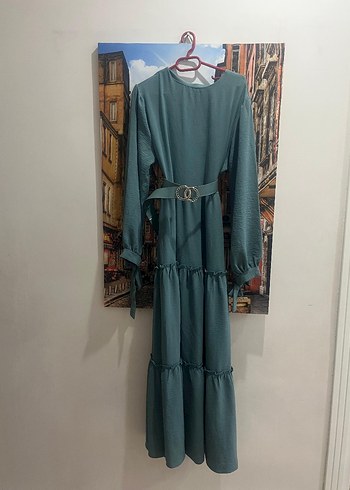 Turkuaz Uzun Kollu Kemerli Kadın Elbise - Görsel 3