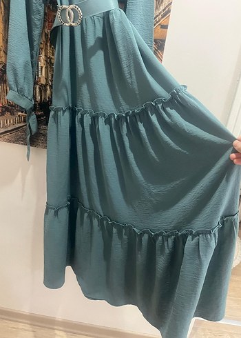 Turkuaz Uzun Kollu Kemerli Kadın Elbise - Görsel 8